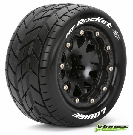 Louise MT-ROCKET Monster Truck MFT Tires on Black 1/2in Offset Bead-Lock Wheels