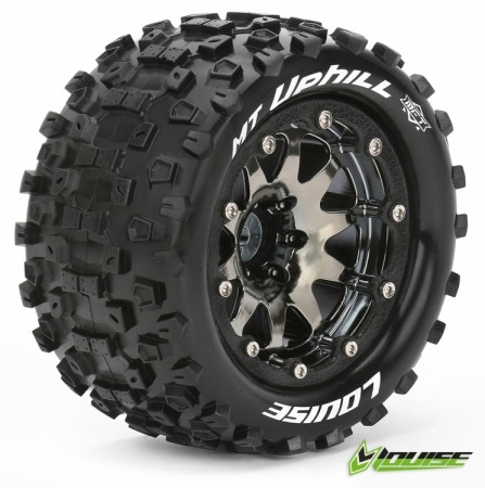 Louise MT-UPHILL Monster Truck MFT Tires on Black-Chrome 1/2in Offset Bead-Lock Wheels