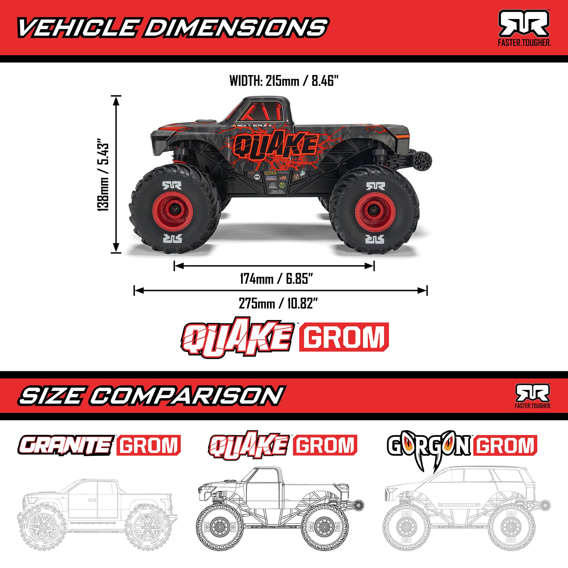 1/16 QUAKE GROM 4X4 RTR Brushed Monster Truck (Battery & Charger Included), Red
